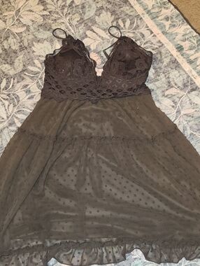 Dark Brown Lace Bust Mini Dress with Dot Mesh Skirt